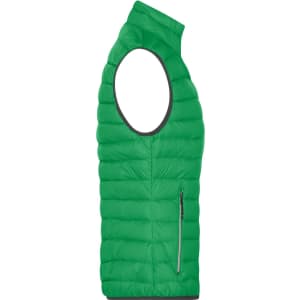 A green ladies down vest with a high collar and one side zip pocket, featuring a puffy quilted design.