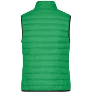 A green ladies down vest with a quilted design and a high collar. It has a logo on the back.