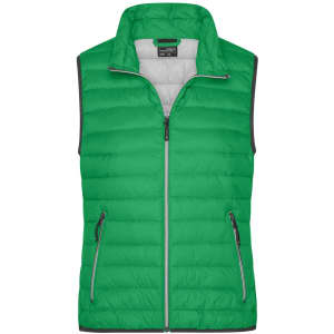 A green ladies down vest with a zip front and two side pockets, featuring a grey interior and a logo.