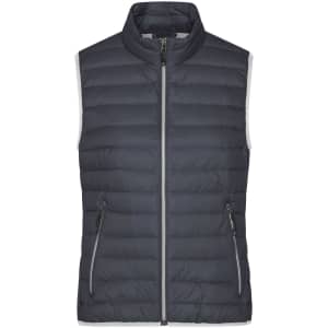 A ladies' down vest in dark grey with a zip front and two side pockets, featuring a logo.