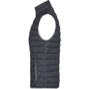 A dark grey ladies down vest featuring a sleeveless design and a zippered side pocket. It has a branded logo.
