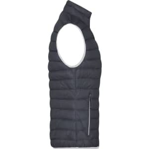 A sleeveless ladies down vest in dark grey, featuring a zippered pocket and a lightweight design.