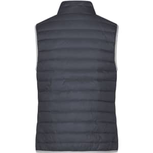 A navy ladies down vest with a quilted design and a high collar, featuring a grey inner lining.