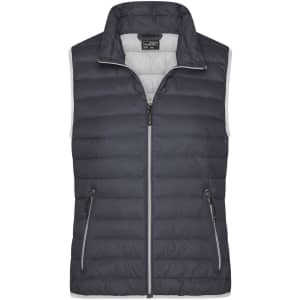A navy ladies down vest with a quilted design, featuring a high collar and zippered pockets, includes branding.