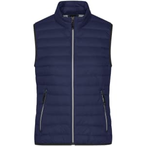 A navy down vest with a zip front and two side zip pockets, featuring a logo on the chest area.