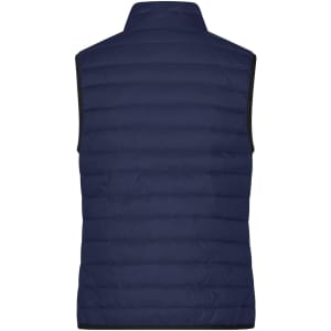 A navy blue ladies' down vest with a sleeveless design and a quilted pattern on the back. It has a logo.