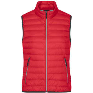 A red ladies down vest featuring a zip front, stand-up collar, and side pockets with grey detailing.