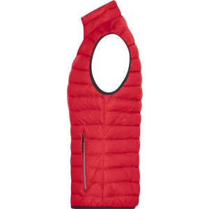 A red ladies down vest with a high collar and one side zip pocket, featuring a sleeveless design.
