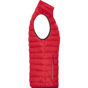 A red ladies down vest featuring a sleeveless design and a zip pocket. The fabric has a quilted texture.