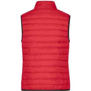 A red ladies down vest featuring a quilted design and a high collar, with a contrasting trim.