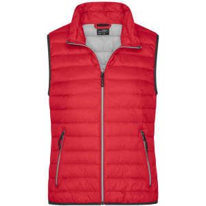 A red ladies down vest with a zip front and two side pockets, featuring a grey interior and a logo on the chest.