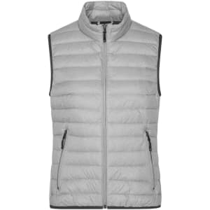 A light grey ladies down vest with a zip front, two side pockets, and a high collar. It features a logo.