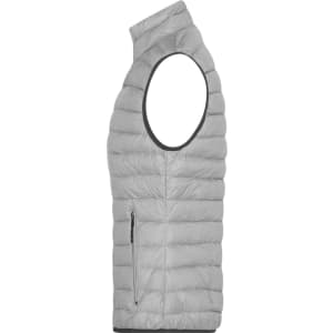 A light grey down vest featuring a sleeveless design and a side zip pocket, with a logo on the fabric.
