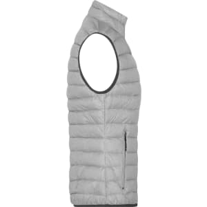 A grey down vest with a sleeveless design and a side zipper pocket, featuring a minimalist appearance.