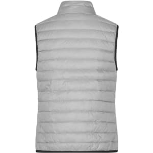 A light grey ladies down vest with a quilted design and a black trim, featuring no sleeves.