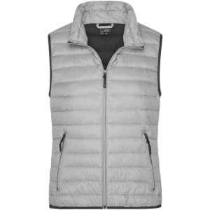 A grey down vest with a stand-up collar and two zippered pockets on the front. It features a logo on the chest.