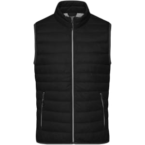 A black men's down vest with zippered pockets and a high collar. It features a logo on the front.