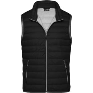 A black men's down vest with a zip closure and two side pockets, featuring a simple logo.