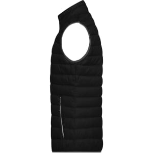 A black men's down vest with a high collar and a side zip pocket, featuring a quilted design and no sleeves.