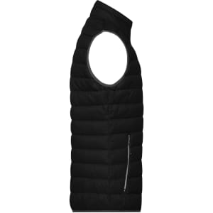 A black down vest with a high collar and a zippered pocket, featuring a branded logo.