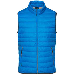 A blue men's down vest with a high collar and zip front, featuring two side pockets and contrasting black trim.