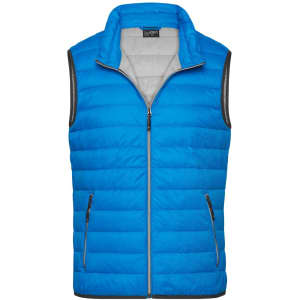 A blue men's down vest with a zip front and side pockets, featuring a grey lined interior and black trimming.