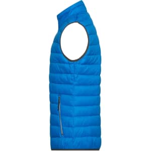 A blue down vest with a sleeveless design, featuring a zippered pocket on the side and a logo.