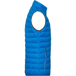 A blue men's down vest with a high collar and one zippered pocket on the side. It features a logo on the front.