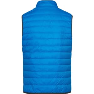 A blue men's down vest with a quilted design and a high collar. The back features a logo.