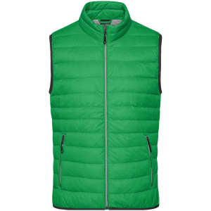 A green men's down vest featuring a high collar and side zip pockets, with a logo on the chest.