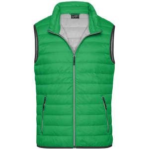 A green men's down vest with a zip front and two side pockets, featuring a logo on the chest.