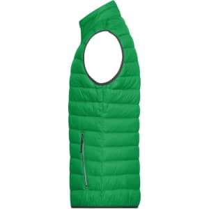 A bright green men's down vest featuring a high collar and a single side zipper pocket.