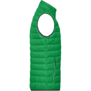 A green men's down vest with a puffy design, featuring a zippered side pocket and a high collar.