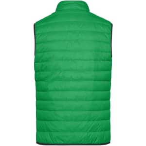A green men's down vest with a quilted design and black trim, featuring a high collar and no sleeves.