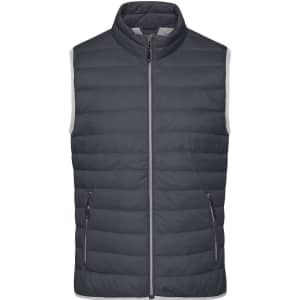 A men's down vest in dark grey with a zip front and two side pockets. Features a logo on the upper left side.
