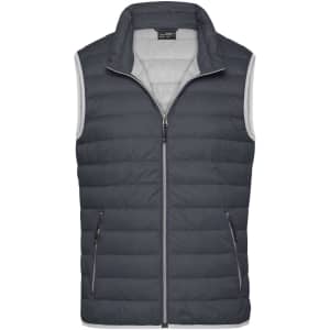 A men's down vest in dark grey, featuring a zip front and two side pockets. It has a logo on the chest.