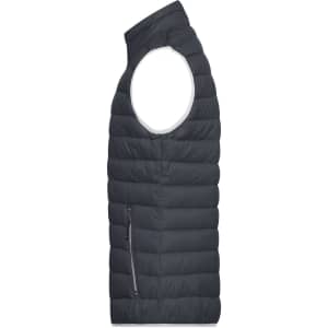 A men's down vest in dark grey, featuring a side zip pocket and a puffy design. It has a logo on the fabric.