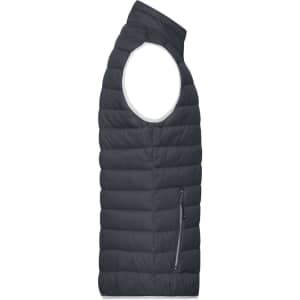 A dark grey men's down vest, featuring a sleeveless design and a side zip pocket, also includes a logo.