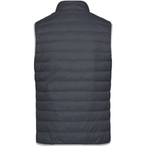 A dark grey men's down vest, featuring a puffy design and a high collar. The back view showcases the quilted texture.