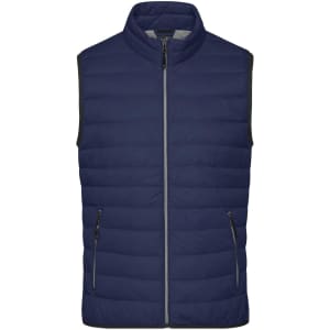 A navy men's down vest with a zip front and two side pockets, featuring a logo.