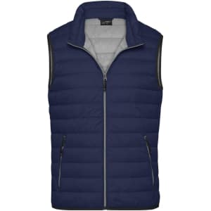 A men's down vest in navy blue with a grey interior and side zip pockets, featuring a logo on the chest.