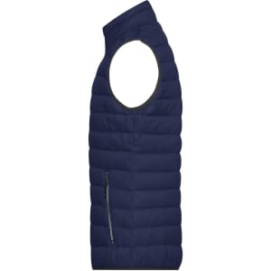 A navy blue men's down vest with a high collar and one side zip pocket, featuring a logo.