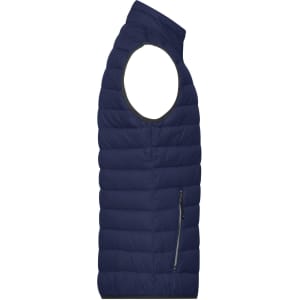 A navy men's down vest with a high collar and side zip pocket, featuring a quilted design.