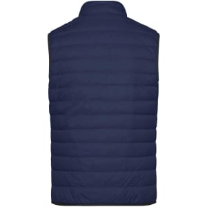 A navy mens down vest with a quilted design and a high neckline, featuring a logo on the back.