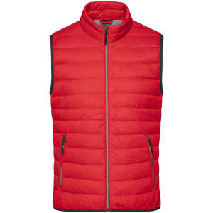 A red men's down vest with a zip-front and two side pockets, featuring a logo on the chest.