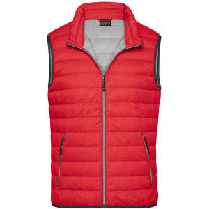 A red men's down vest featuring a zip front and two side pockets, with a grey inner lining. It has a logo on the chest.