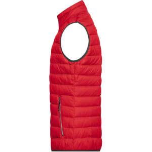 A red men's down vest with a side zipper, featuring a lightweight, padded design and no sleeves.