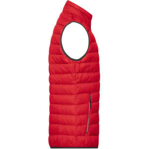 A red men's down vest featuring a high collar, zippered pocket, and a sleeveless design. It has a logo on it.