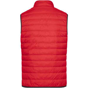 A red men's down vest with a quilted design, featuring a black trim and no sleeves.
