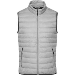 A grey men's down vest featuring a zip front and side pockets, with a contrasting black trim.